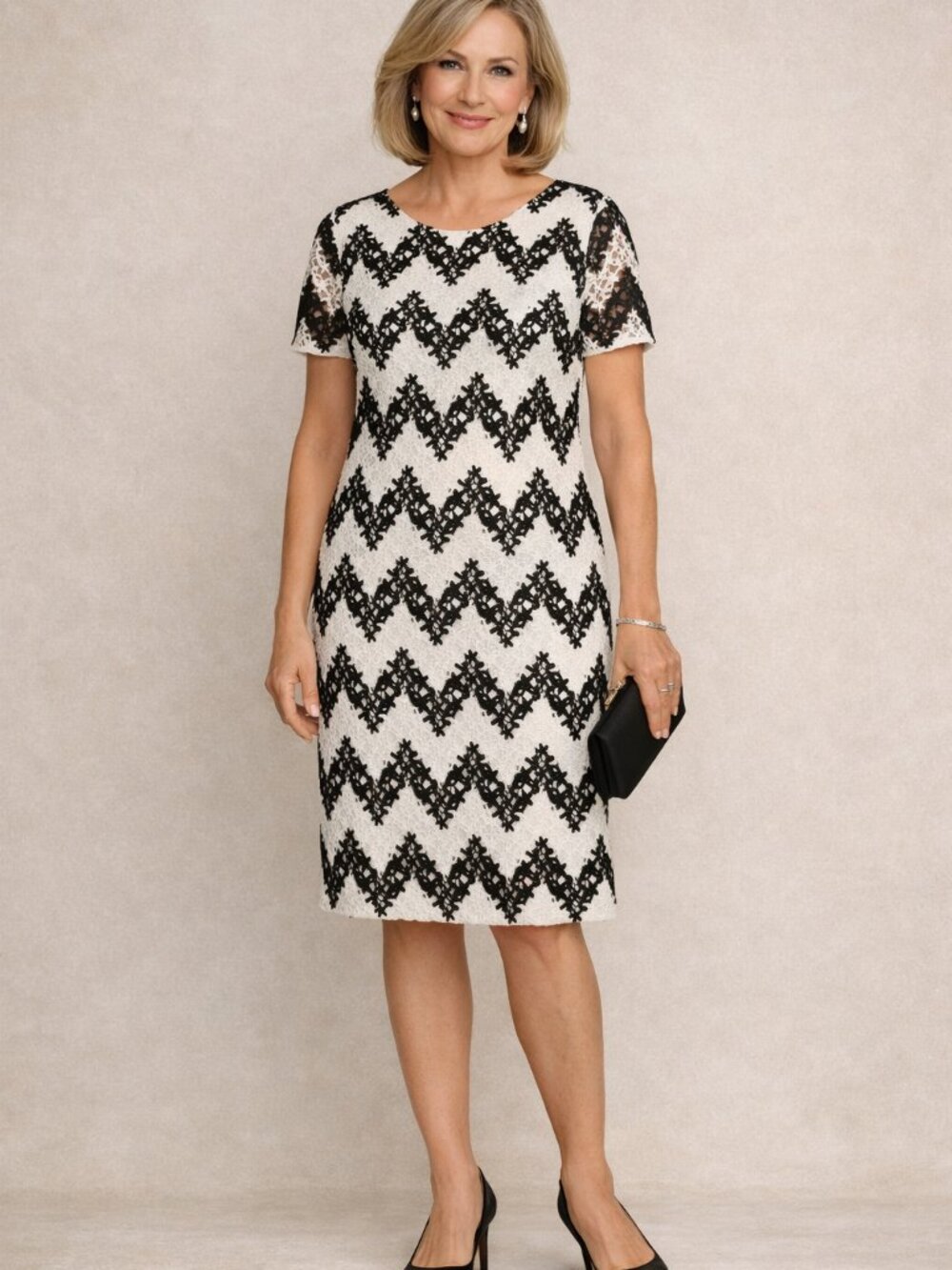 Talbots Black and Ivory Chevron Floral Short Sleeve Occasion Lace Dress Size 10